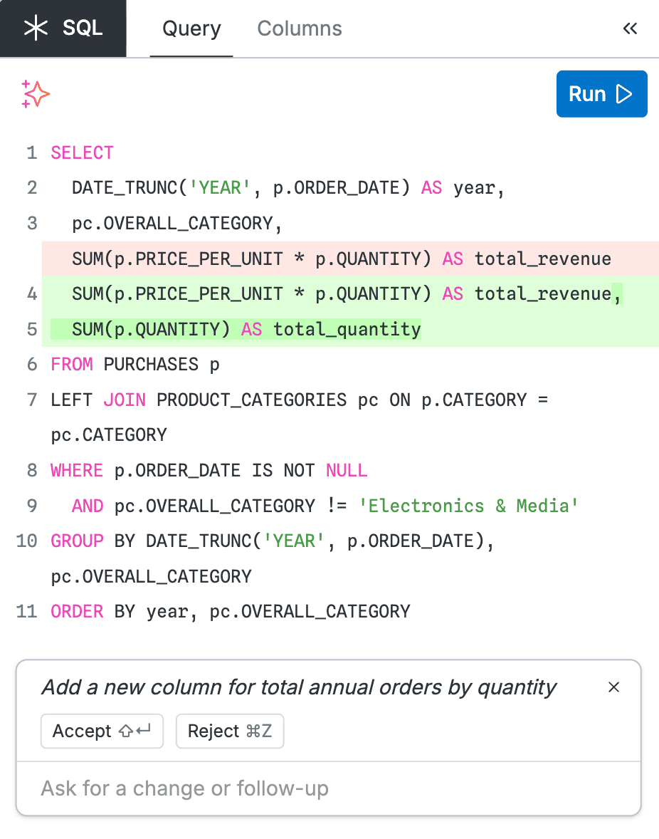 Visual diffs AI suggestions in SQL node
