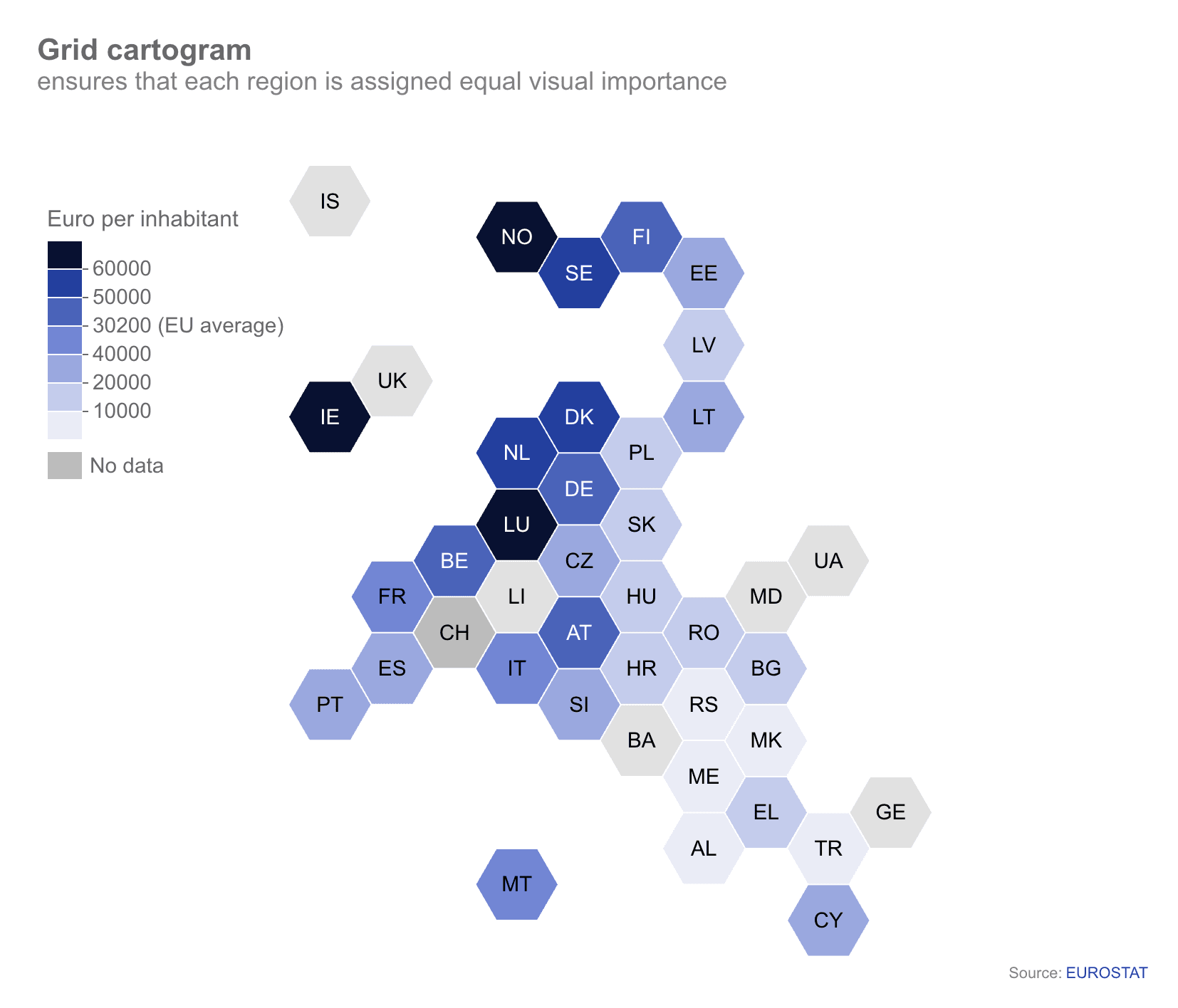 Europe hexagonal grid cartogram
