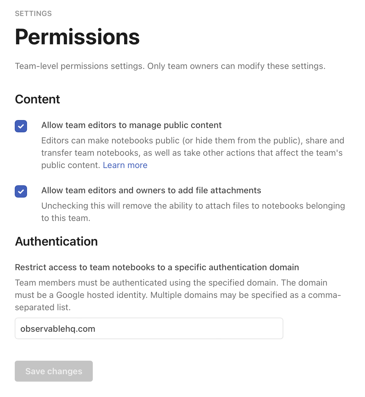 Screenshot of the Permissions tab in the Settings, showing checkboxes to enable or disable team editors managing public content and file attachments.