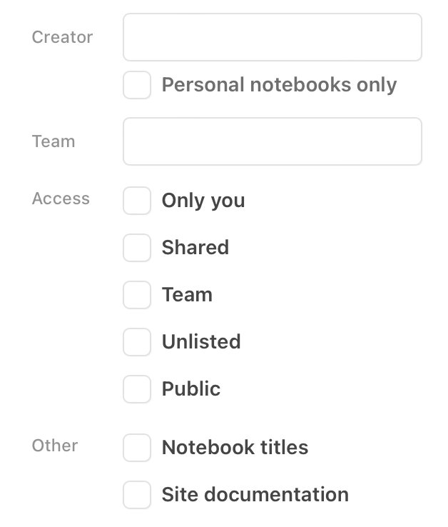 Screen shot of the expanded search options for Pro and Enterprise workspaces, which includes additional search options like notebook access.