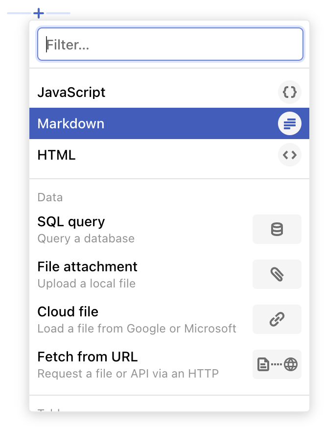 An open add cell menu with the “Markdown” option highlighted