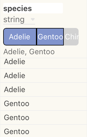 The top of the species column in a data table cell shows Adelie and Gentoo species selected and Chinstrap not selected.