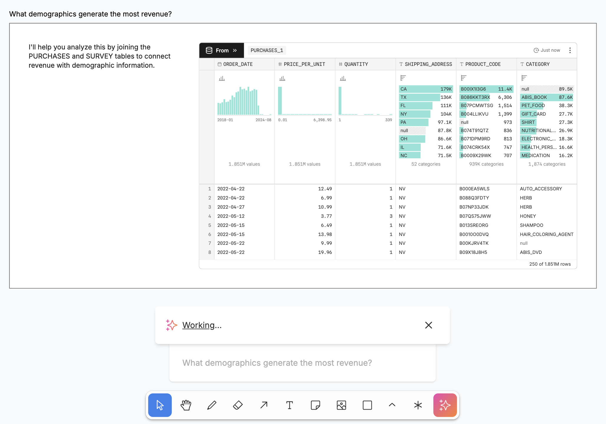 Screenshot of an Observable Canvas showing AI beginning to respond to the previous question. The input bar is now disabled but still shows your prompt. Above it, a status bar shows “Working…”. AI has added a frame to the canvas, labeled with the prompt. It has written “I’ll help you analyze this by joining the PURCHASES and SURVEY tables to connect revenue with demographic information.” It has created a “From” node named “PURCHASES_1”, showing a summary of the table.