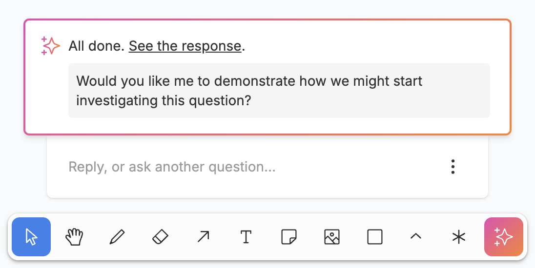 Screenshot of an Observable Canvas showing AI asking the user a question: “Would you like me to demonstrate how we might start investigating this question?” Below it, the input field placeholder says, “Reply, or ask another question…”