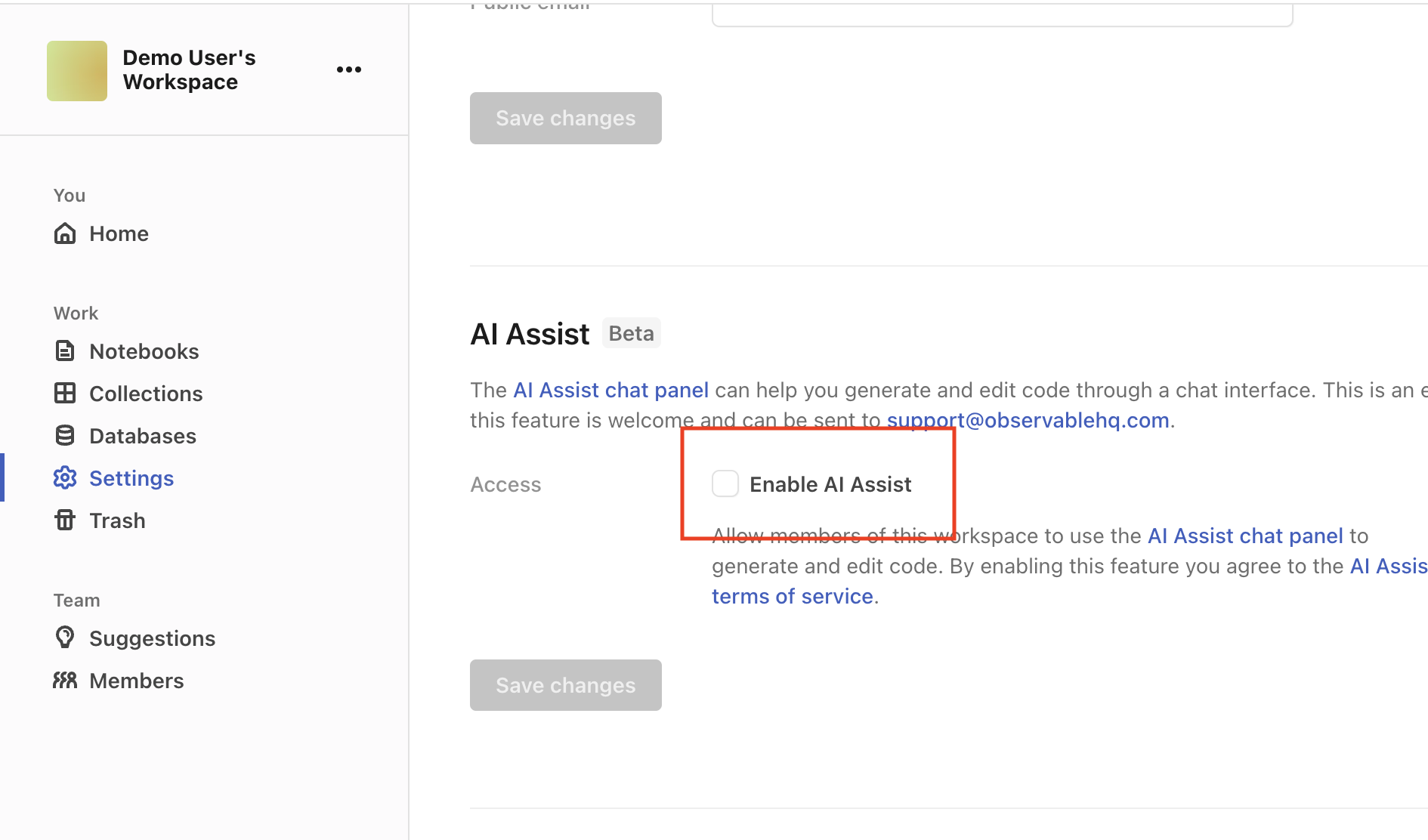 A screenshot of the AI Assist section of the Settings page with a red rectangle outline highlighting an unchecked Enable AI Assist labeled checkbox.