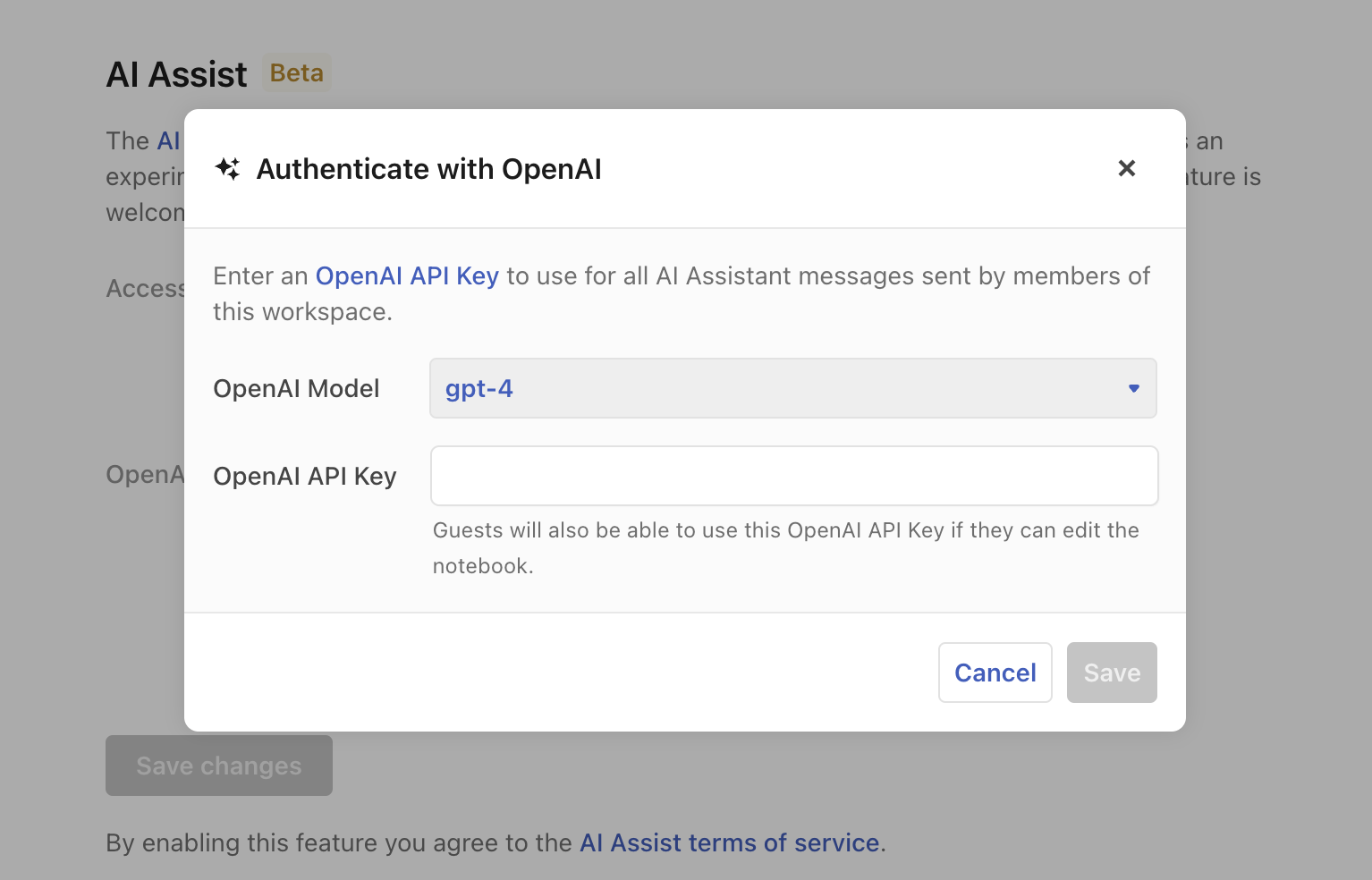 A screenshot of the authentication modal whereby a user can enter either their OpenAI API key.