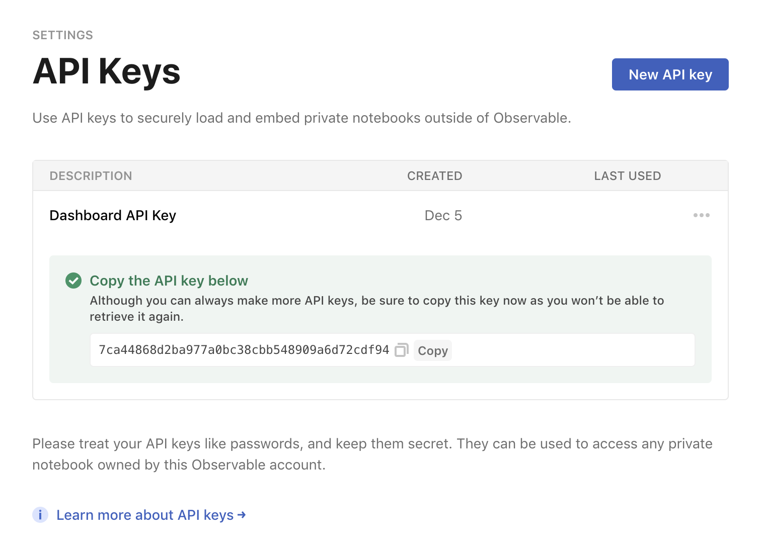 The API keys section of user settings