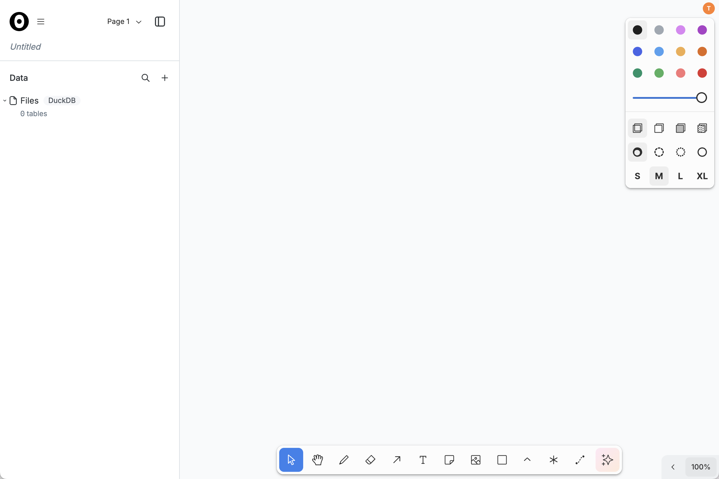 A blank canvas; the menubar, title card, and data panel are visible in the top-left; the toolbar is on the bottom; and the style panel is in the top-right.