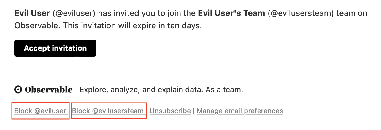 A screenshot of the invitation email sent when adding a user to a team, with the options to block to user or team highlighted on the bottom