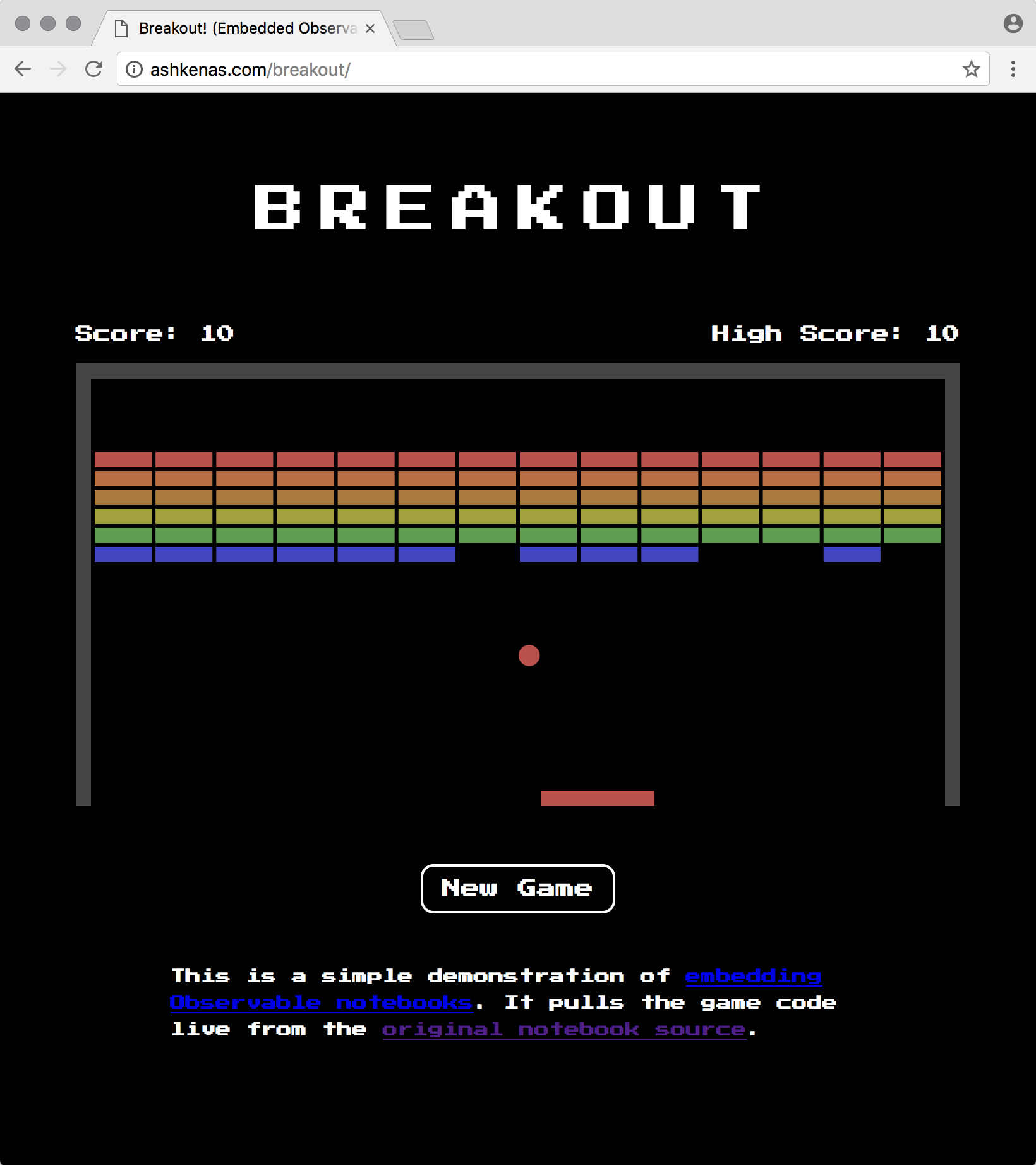 Screen shot of a breakout game running in a browser, on a website that is not Observable