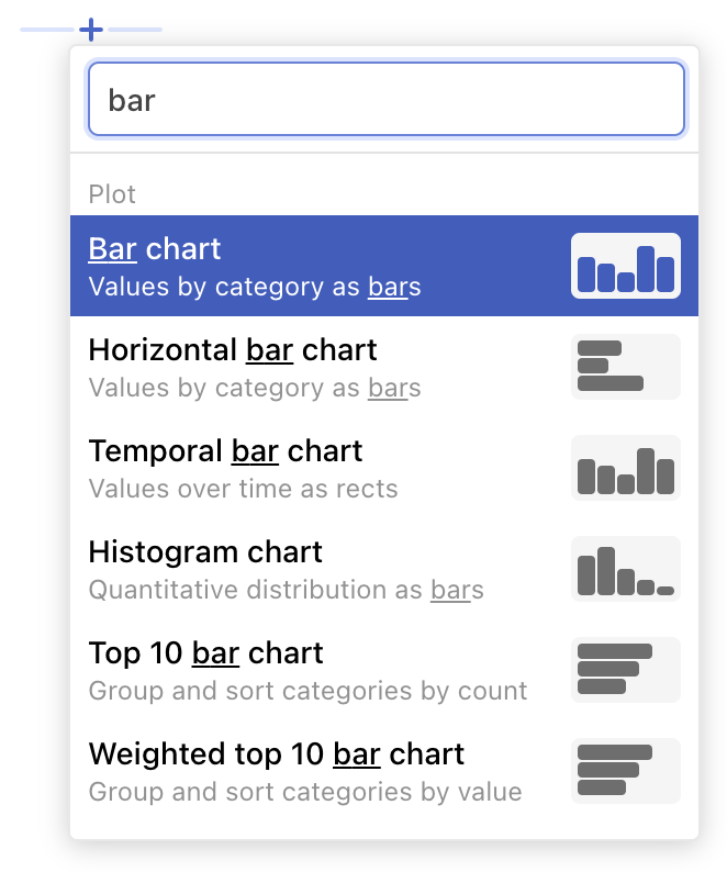 The add cell menu, filtered to results containing “bar”