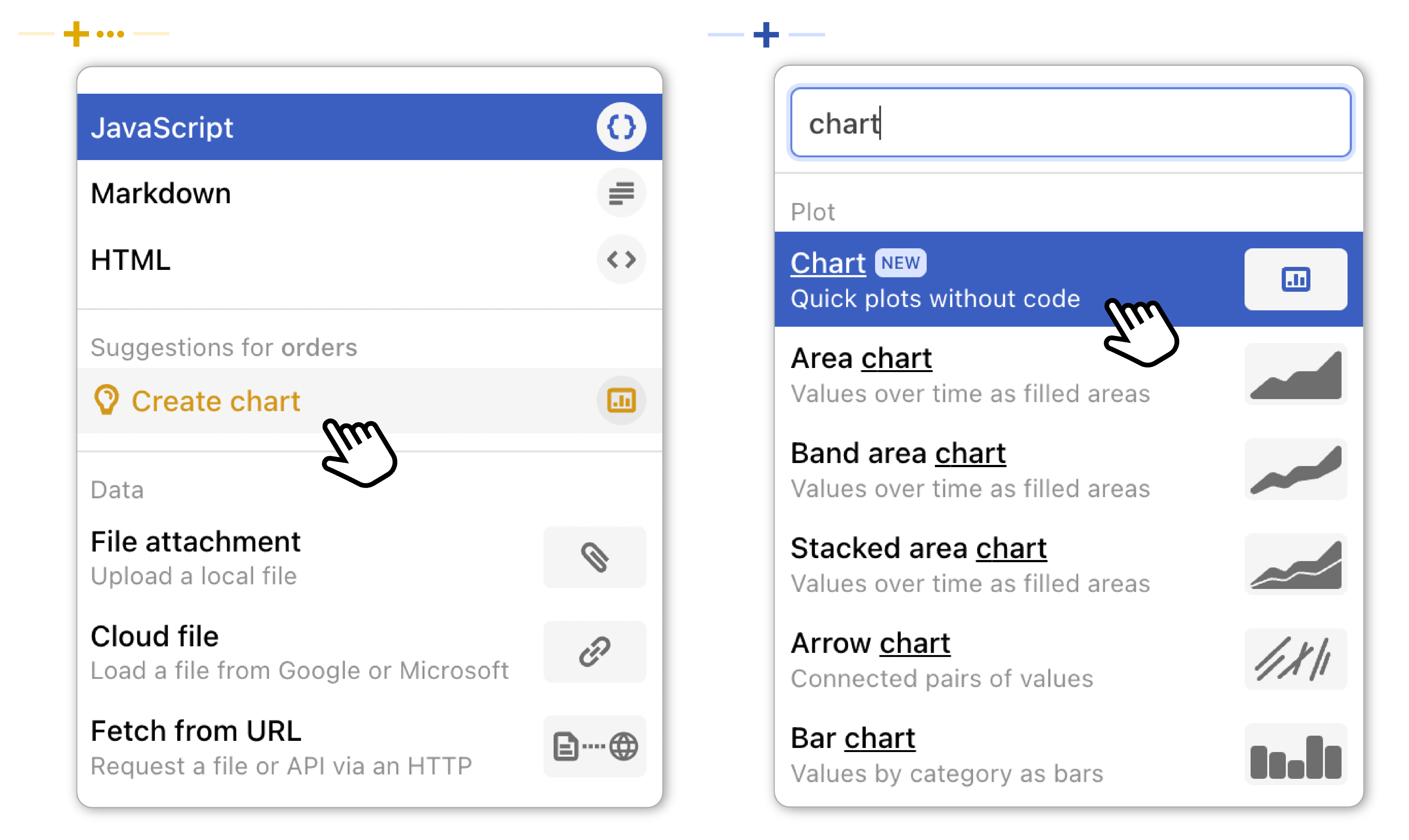 One screenshot showing two different add cell menu dropdown situations. The first on the left shows 'Create chart' in the 'Suggestions for orders' section of the dropdown in gold font. The second shows the search bar at the top of the dropdown with the word 'chart' typed in it and the Chart cell option as the first suggested.