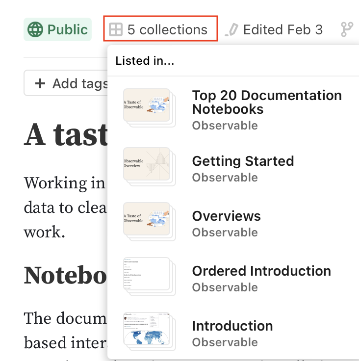 Screenshot of the top of a notebook with the collections button clicked, which shows a dropdown with the collections the notebook is part of.