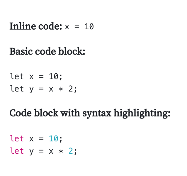 An open text cell, with a code section in the bottom half of the open cell and a presentation section in the top half of the cell. In the code section, first an example of inline code treatment, followed by an example of block code treatment, followed by an example of block code treatment with syntax highlighting.
