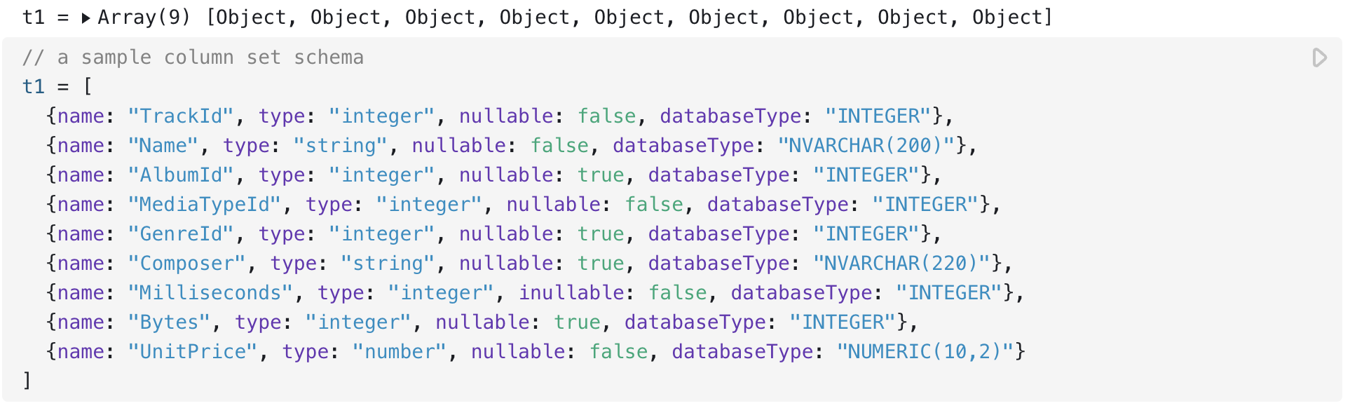 Screen shot of code to create an table as an array of objects where each object contains information about a different column in the table, e.g. {name: 'TrackID', type: 'integer', nullable: false, databaseType: 'INTEGER'}.