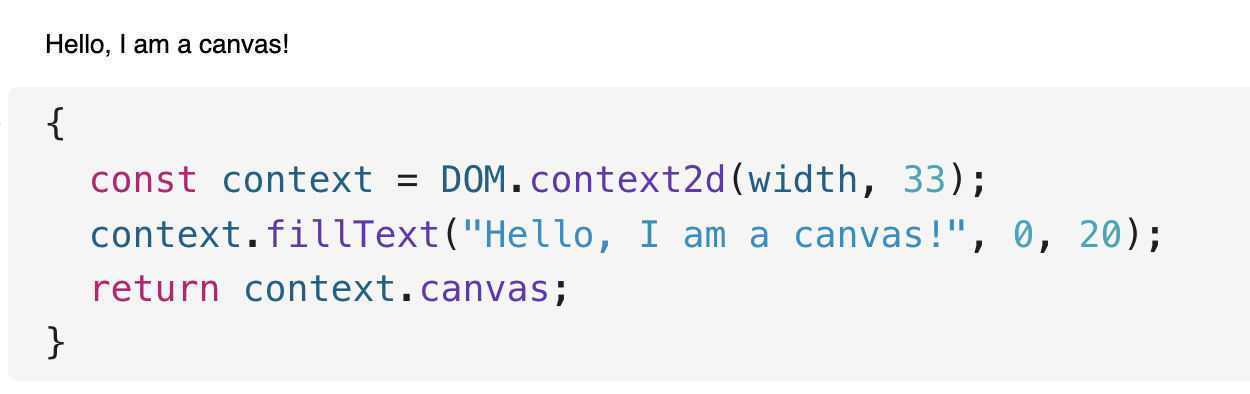 Screenshot with code '{
  const context = DOM.context2d(width, 33);
  context.fillText('Hello, I am a canvas!', 0, 20);
  return context.canvas;
}', returning a small SVG canvas with the text 'Hello, I am a canvas!'