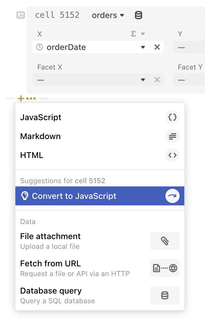 A zoomed in screenshot of the bottom of a chart cell and the Add cell menu of the following cell opened right below with the menu option 'Convert to JavaScript' highlighted.