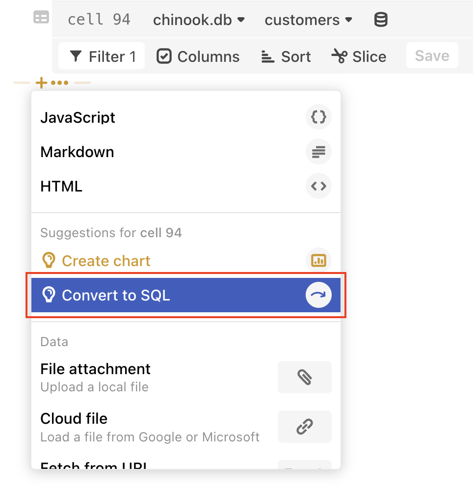 The add cell menu opened up shows two suggestions for the current cell, cell 94: 'Create Chart' and 'Convert to SQL'. The 'Convert to SQL' option is selected and highlighted in blue with the option being highlighted again by a red rectangle outline to point out the UI element.