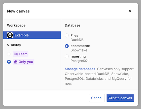 New canvas modal with permissions options