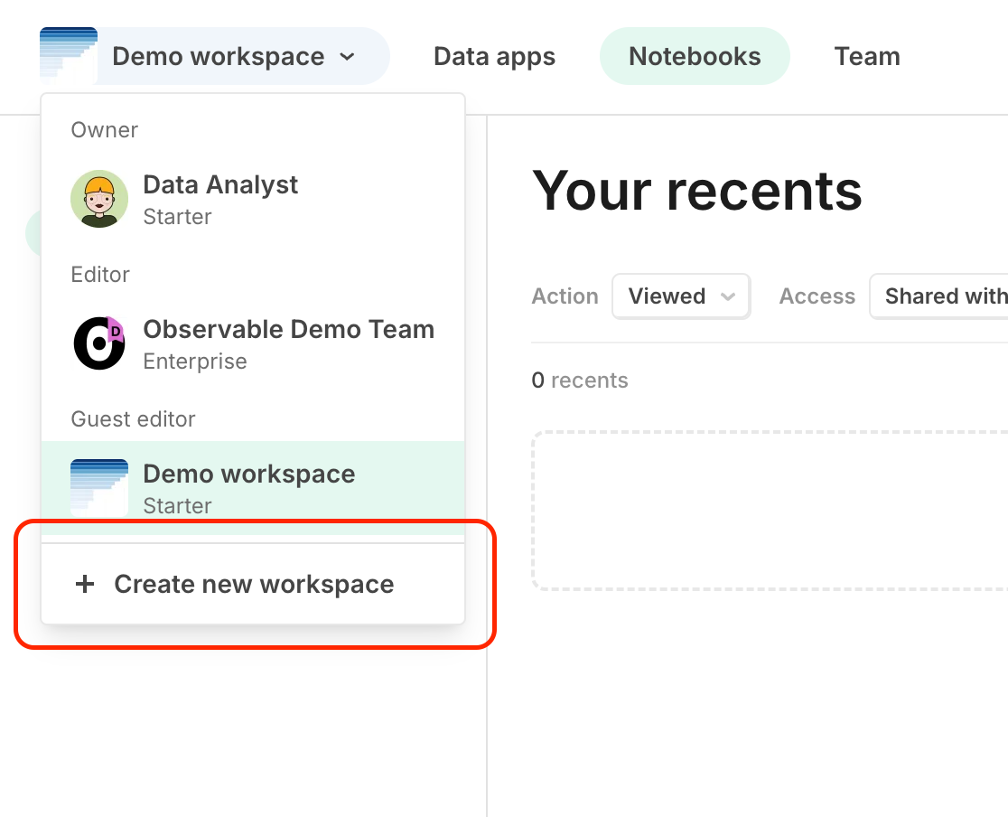 Screenshot of the workspaces drop-down in the top left