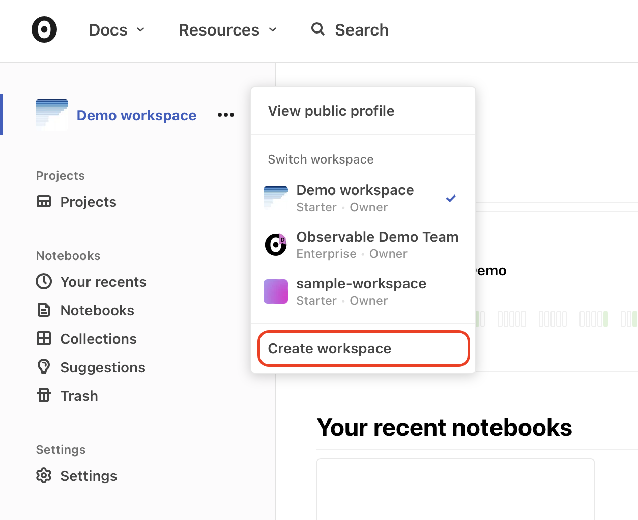 Screenshot of the workspaces drop-down in the top left