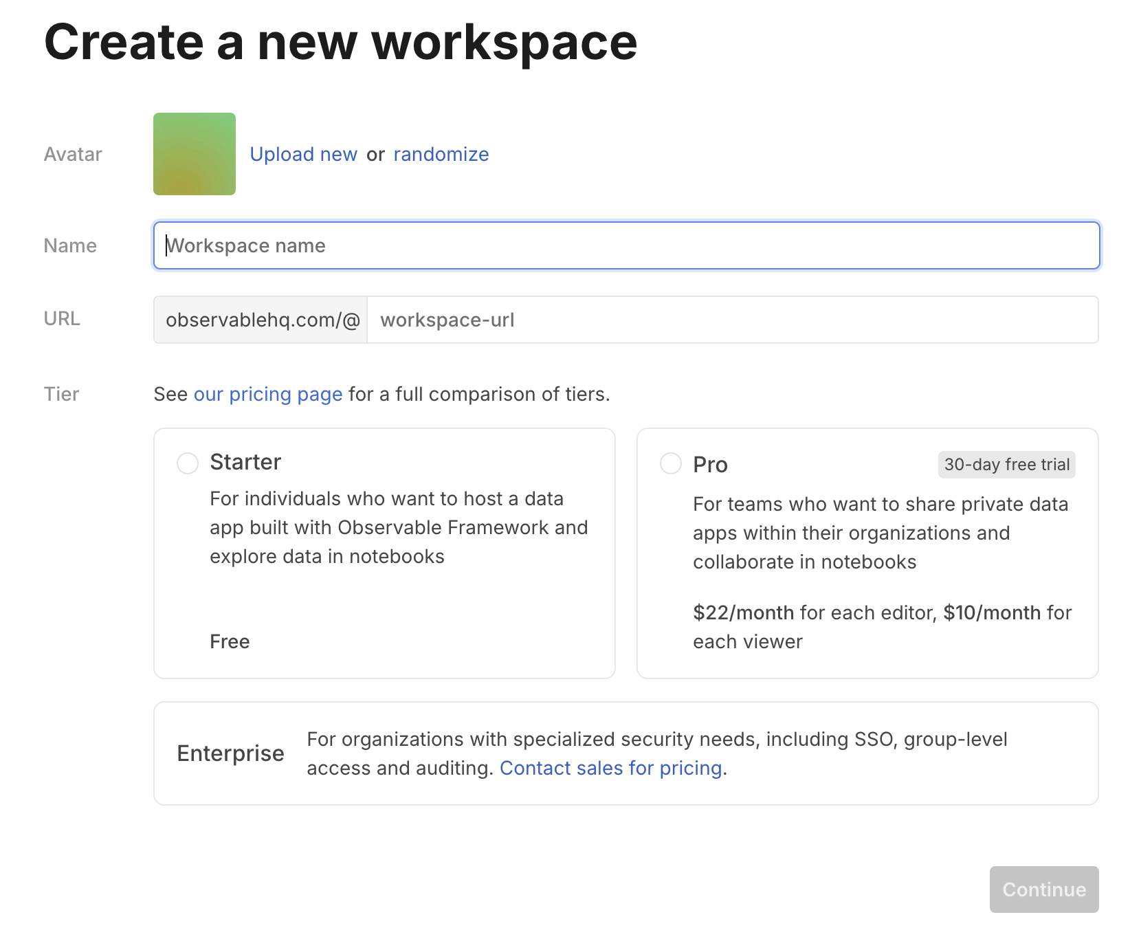 The Create your workspace dialog, showing options to set the avatar, choose a display name, and a URL for the workspace.