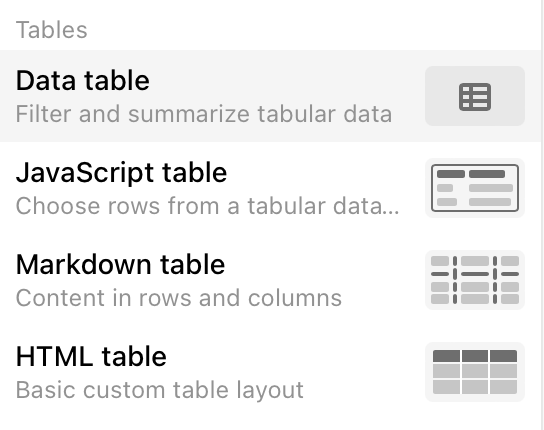 The add cell menu opened showing the dropdown options for four table types with 'Data table' being first and highlighted, followed by 'JavaScript table', 'Markdown table', and 'HTML table'.'
