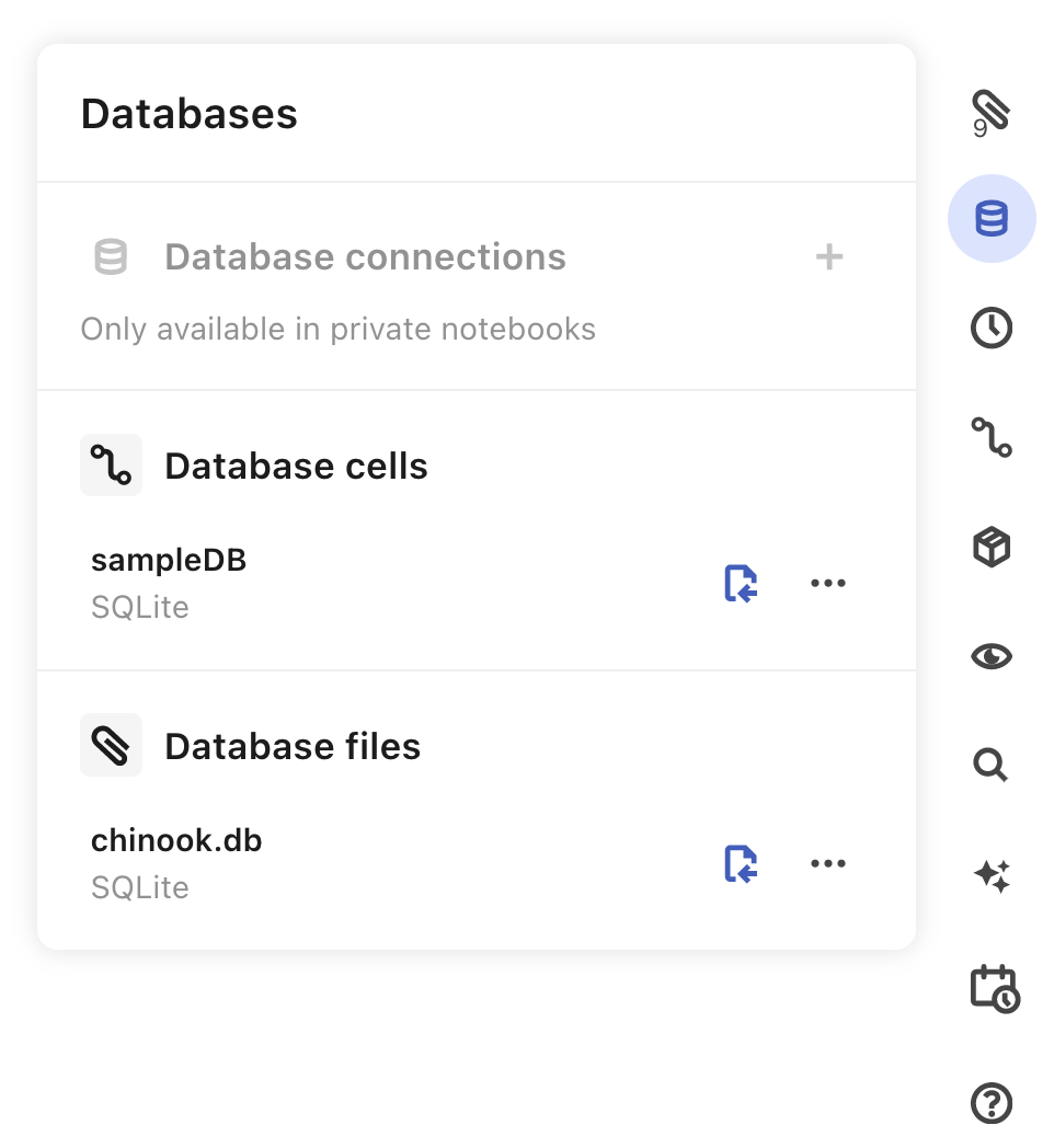 View of the open Database pane in an Observable notebook, where a user can see existing database connections, database cells, and database files.