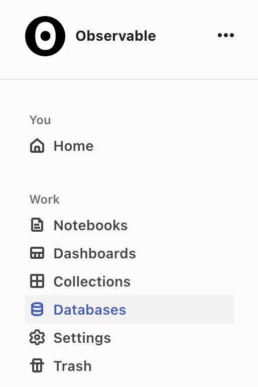 Screen shot of the Databases tab on the Home page in an Observable account.