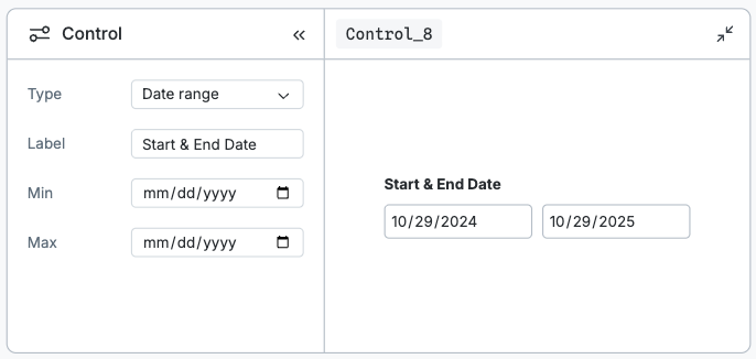Screenshot of the date range control node