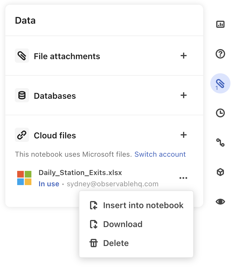 Screen shot of the open Files pane in an Observable notebook, revealing the three dot menu to the right of a connected file where a user can choose to delete the file.