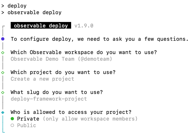 Screenshot of what the deploy command prompts look like.