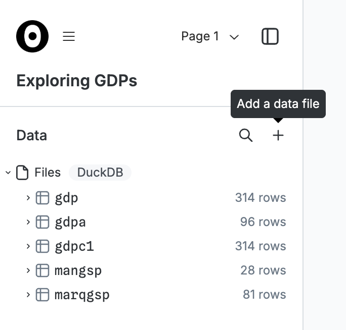 Screenshot of the sidebar. Beside “Data” header is a search icon and a plus icon. The mouse is hovering over the plus, revealing an “Add a data file” tooltip. Five files have already been uploaded.