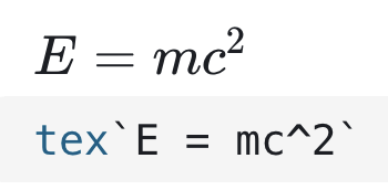 Screenshot of a cell with tex`E = mc^2`, with the TeX output shown above.