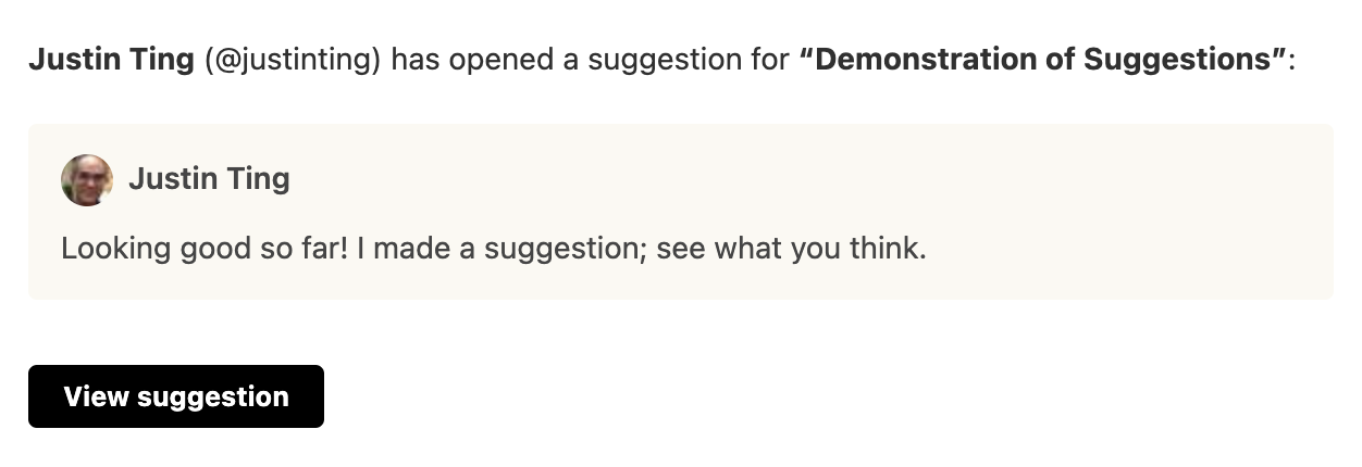 Screenshot of email notification that a notebook owner receives when a user makes a suggestion, with a button to review the suggestion.