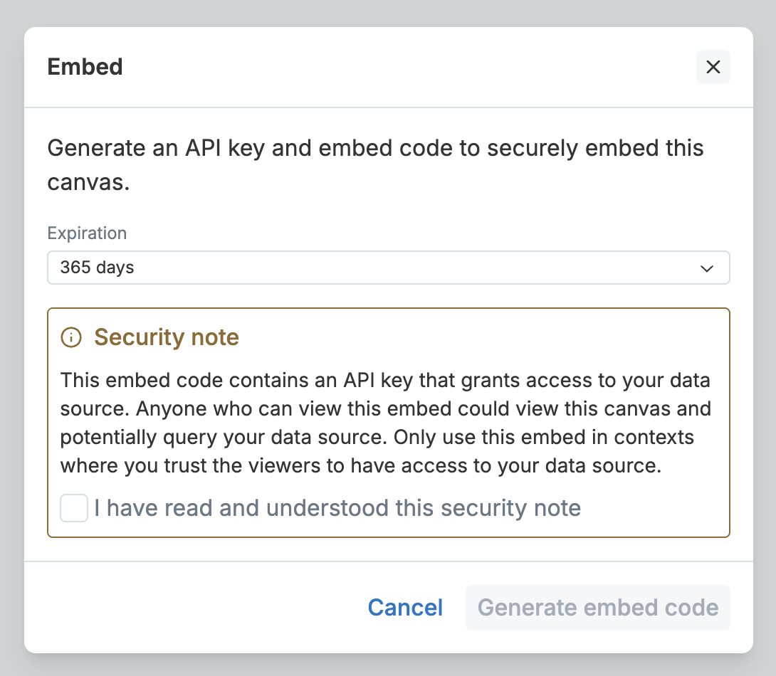 A modal titled “Embed”, a dropdown labeled “Expiration” (with “365 days” selected), and a security note (see warning above)