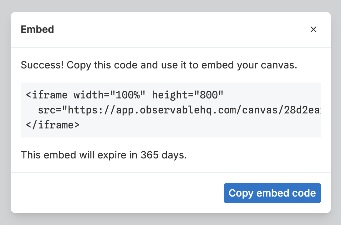 The “Embed” modal now displays HTML code for an iframe