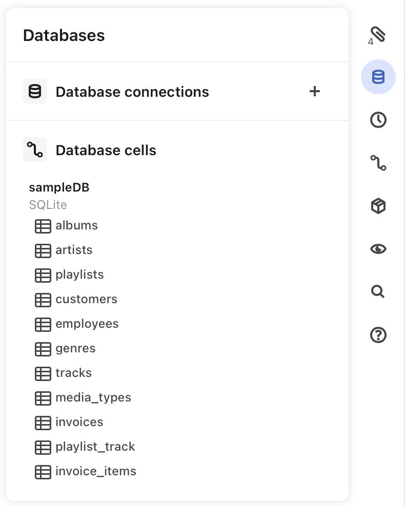 View of database tables within the Databases pane.