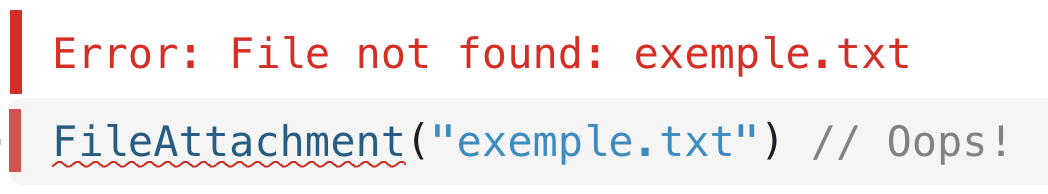 Example code with a misspelled file name, and the resulting error reading Error: file not found.