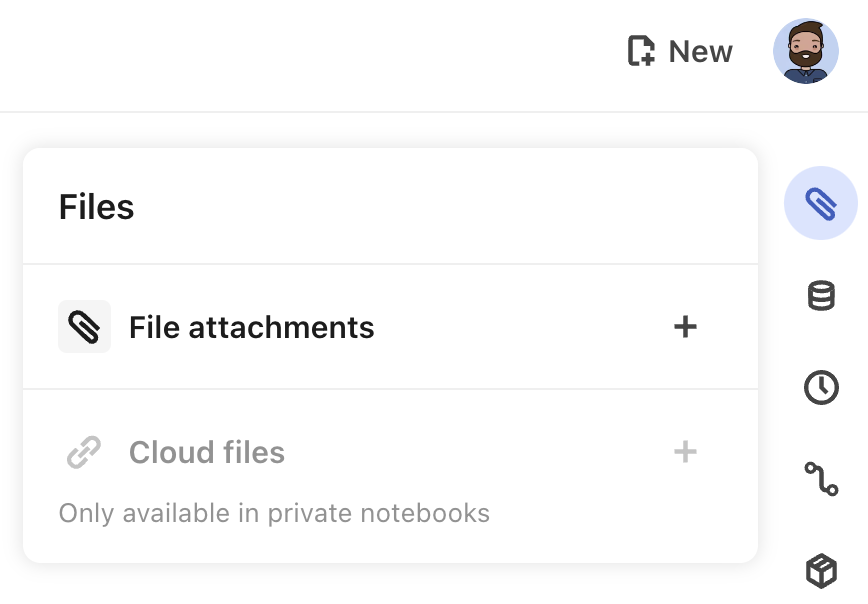 Screen shot of open Files pane and File attachments menu item, accessed via the paperclip icon in the top right of an Observable notebook.
