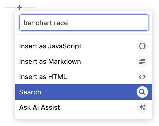 The add cell menu, filtered to results containing “bar chart race”, of which there are none; the menu shows options to insert that text as a JavaScript, Markdown, or HTML cell, or search Observable (highlighted), or ask AI Assist