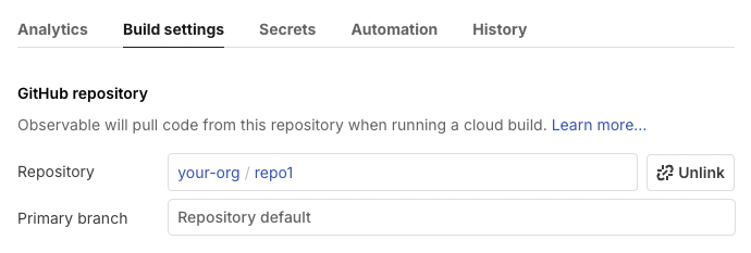 Screenshot of the “GitHub repository” settings under the “Build settings” tab. The first option, “Repository”, lists the currently connected repo, followed by an “Unlink” button. The second option, “Primary branch”, is an empty text input with placeholder text that says “Repository default”.