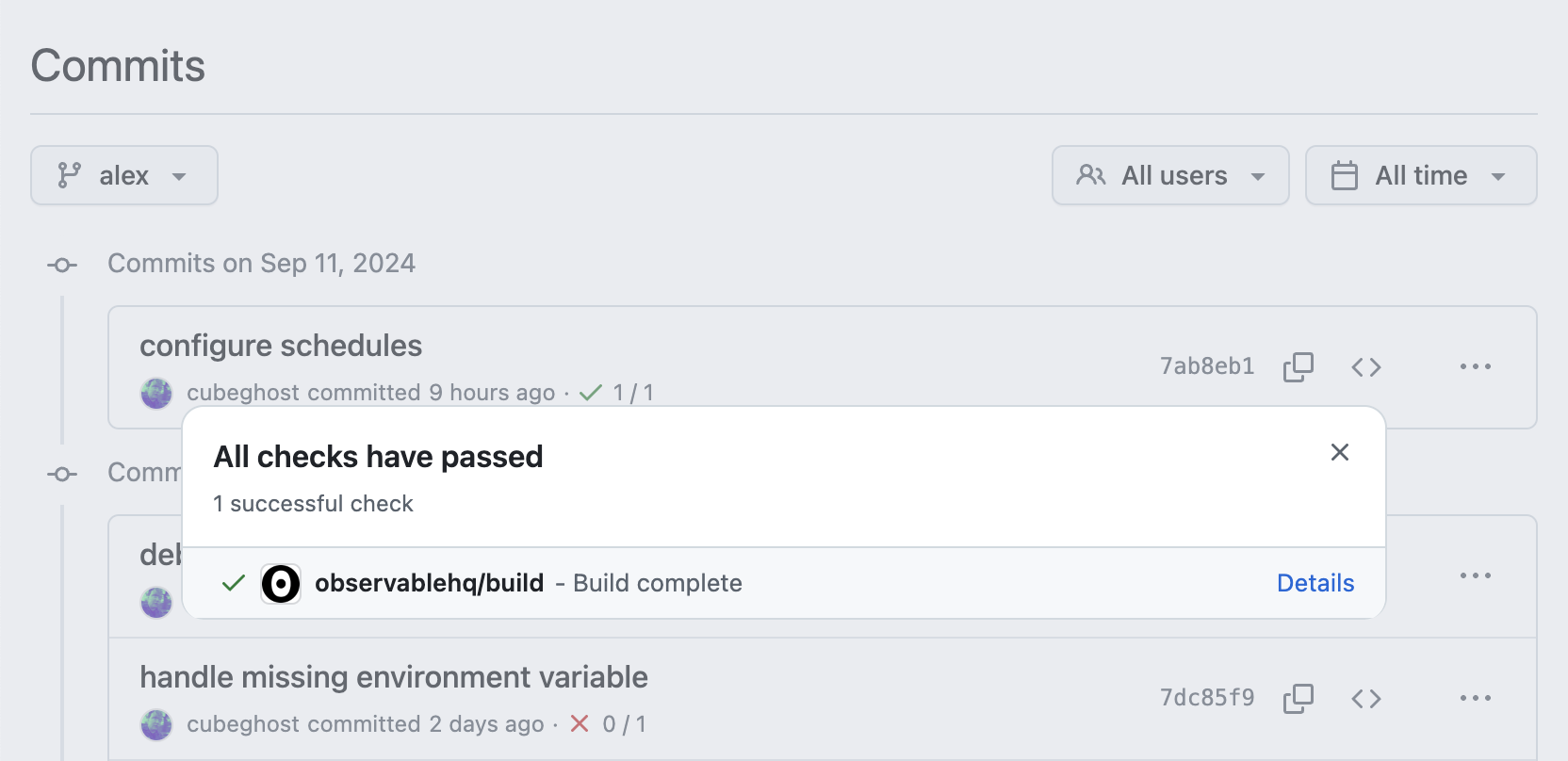 Screenshot of a GitHub commit status showing a build succeeded