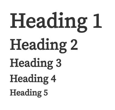 Five open cells, in the code section of the first cell, below the presentation section, the 'Heading 1' is written preceded by a single pound symbol, (#). Each of the rest of the five cells follow this pattern, each increasing by one heading level, such that there are two pound symbols followed by the phrase 'Heading 2', then followed in the next cell by '### Heading 3' and so on to '##### Heading 5'.