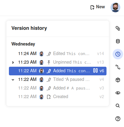 Screen shot of the History pane in an Observable notebook, revealing different stored versions.