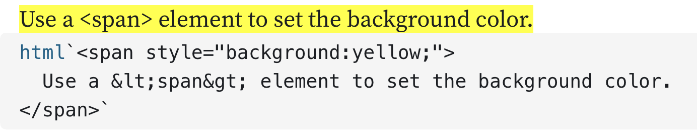 A span element updates text background color to yellow within html``.