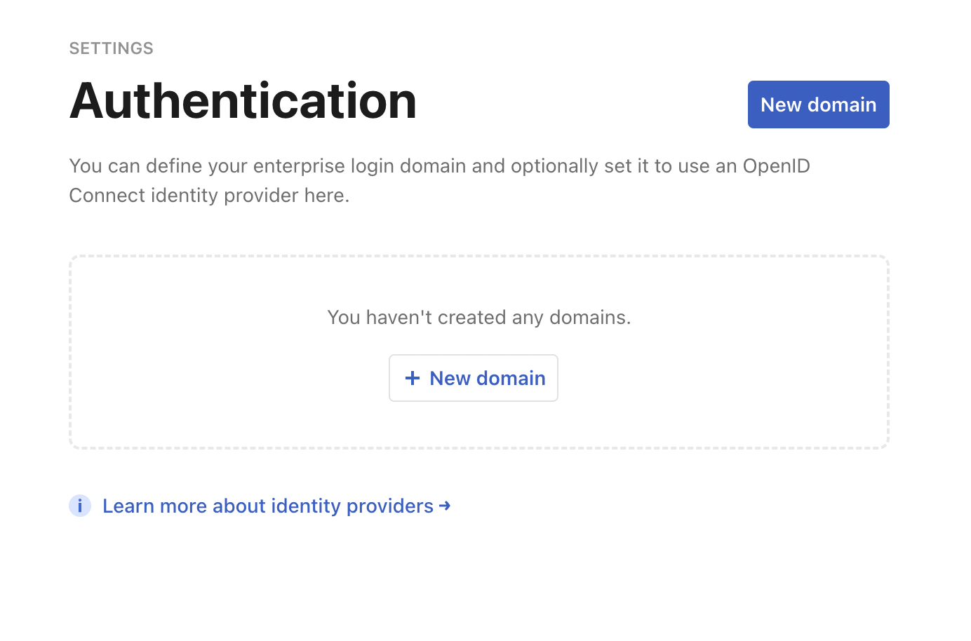 The Authentication settings, showing a button to add new domains.