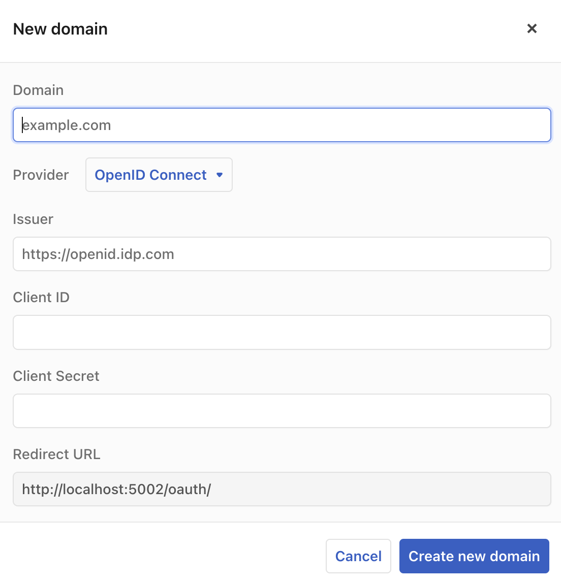 The New domain dialog, showing input fields for the domain, the provider, issuer, client ID, client secret, and redirect URL.