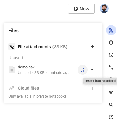 Screen shot of open Files pane and File attachments menu item, accessed via the paperclip icon in the top right of an Observable notebook and hovering over the icon for inserting the file attachment into your notebook as a Data table cell.