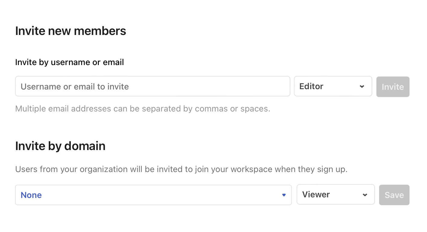 The Invite workspace members dialog, with an input field for the email and a drop-down for the role.